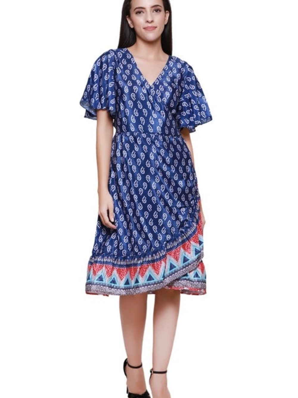 Blue Printed V-Neck Wrap Midi Dress with Geometric Hem